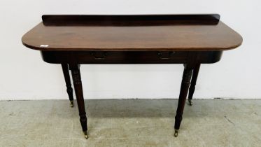 A MAHOGANY D END TABLE SUPPORTED ON BRASS CASTERS 126CM W X 49CM D X 79CM H.