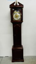 A MAHOGANY CASED REPRODUCTION GRANDFATHER CLOCK WITH MOON PHASE DIAL,