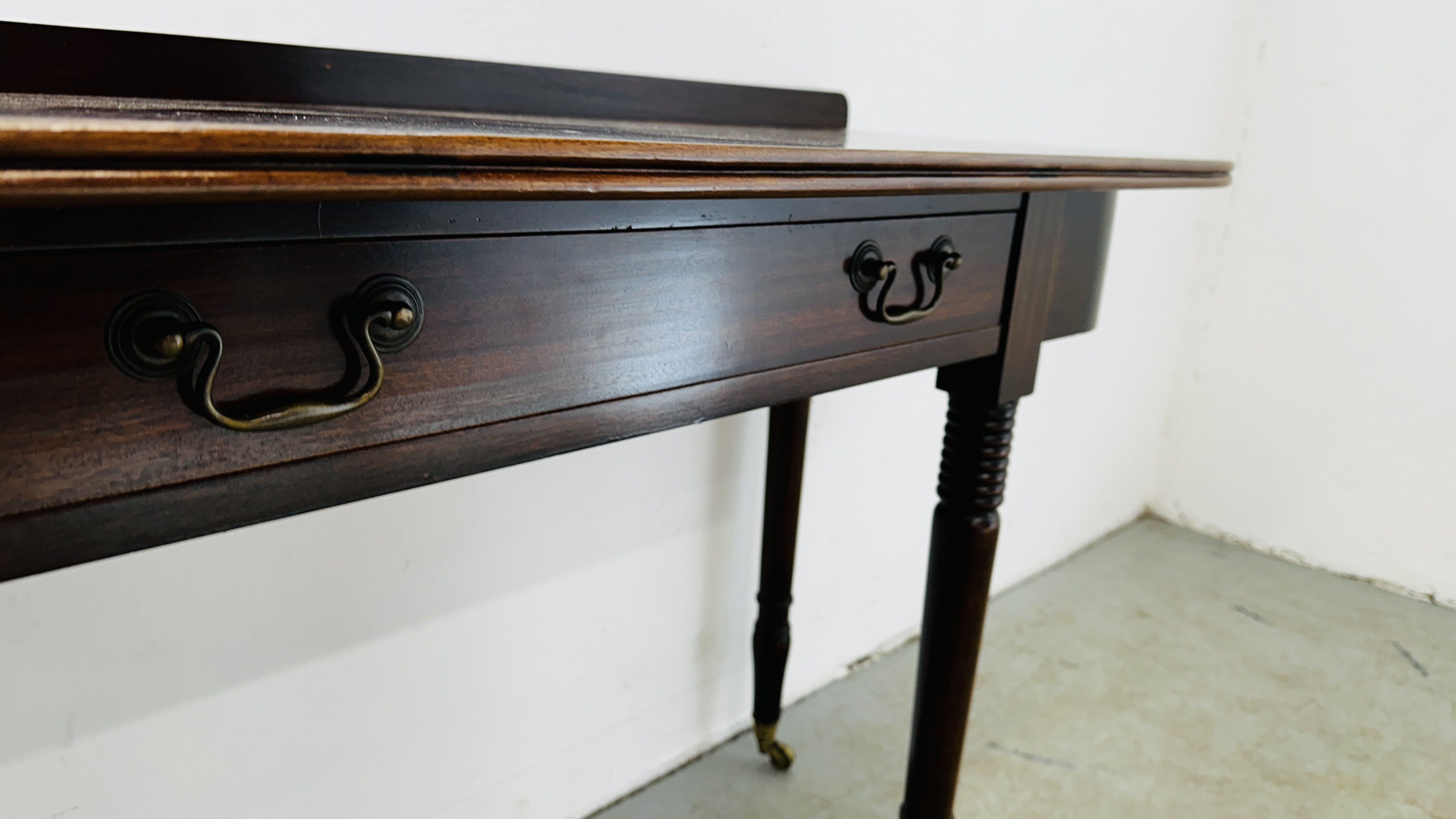 A MAHOGANY D END TABLE SUPPORTED ON BRASS CASTERS 126CM W X 49CM D X 79CM H. - Image 10 of 14