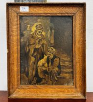 AN ORIGINAL OIL ON BOARD DEPICTING A RELIGIOUS SCENE, BEARING MONOGRAM DATED 1919, W 22CM X H 28.