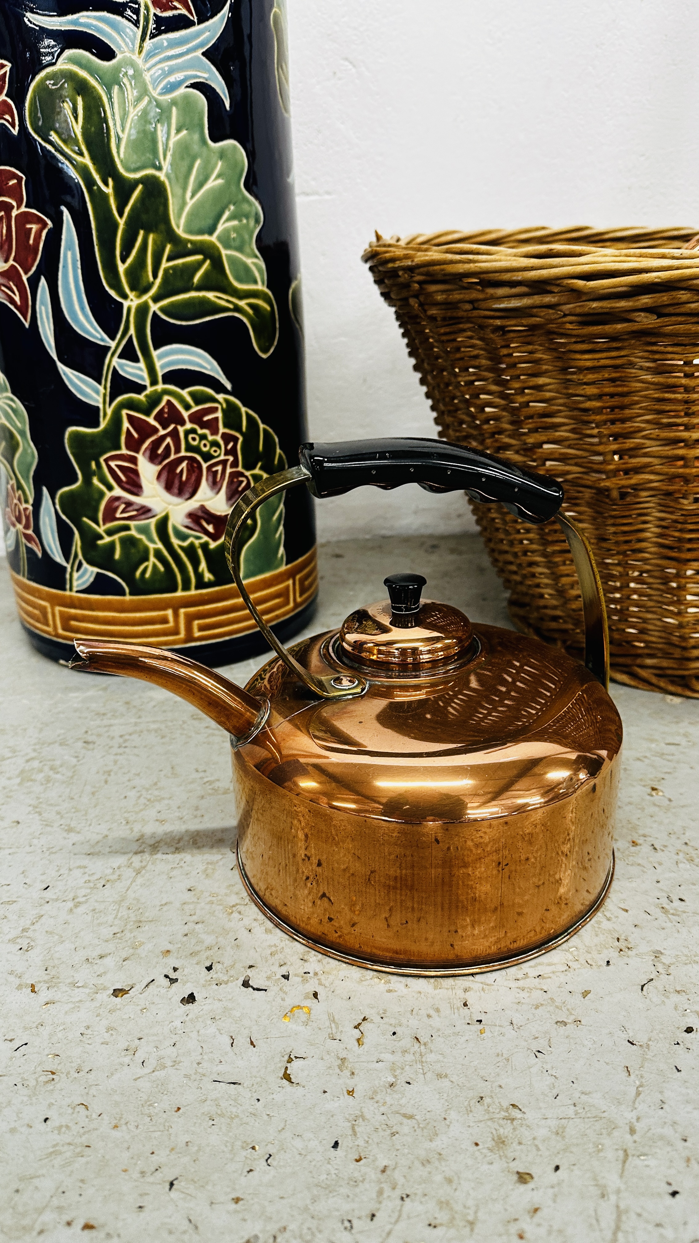 WICKER BASKET, VINTAGE COPPER WARMING PAN AND KETTLE, A MODERN CERAMIC BLUE GLAZED UMBRELLA STAND. - Image 3 of 7