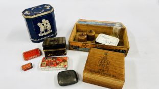 COLLECTION OF OLD TINS TO INCLUDE CHURCHILL SPECIAL 25 WOODEN BOX, 2 X INK POTS ETC.