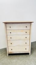 A GOOD QUALITY MODERN LIMED FINISH FIVE DRAWER CHEST WITH NATURAL FINISH WOODEN TOP W 92CM D 54CM H