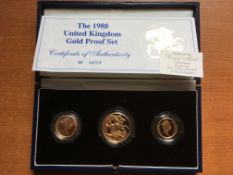 COINS: GB 1988 GOLD PROOF SET, TWO POUND, SOVEREIGN AND HALF SOVEREIGN,