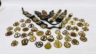 A COLLECTION OF MIXED VINTAGE HORSE BRASSES SOME ON LEATHER REINS.