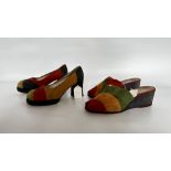 2 PAIRS OF LADY’S SHOES - 1940S MULTICOLOURED SUEDE OPEN TOED WEDGE & 1970S MULTICOLOURED SUEDE