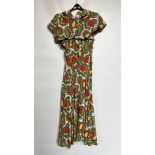 1940S RAYON SUNDRESS WITH BOLERO JACKET, MULTICOLOURED IN ORANGE/YELLOW/WHITE/GREEN,