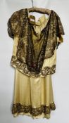 EDWARDIAN CREAM SATIN 2 PIECE, HEAVILY DECORATED BODICE, HEMLINE DECORATED WITH GOLD LACE,