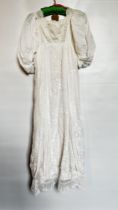 FINE WHITE COTTON EDWARDIAN DRESS, ALL OVER EMBROIDERY, EMPIRE LINE, PUFFED SLEEVES - A/F CONDITION,
