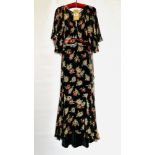 1920/30S BLACK FLOWERED CHIFFON GOWN, V NECKLINE, SHORT SLEEVES, SLEEVELESS JACKET,