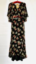 1920/30S BLACK FLOWERED CHIFFON GOWN, V NECKLINE, SHORT SLEEVES, SLEEVELESS JACKET,