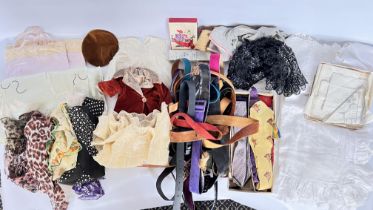 A BOX OF MISCELLANEOUS ITEMS TO INCLUDE BELTS, TIES, SCARVES, TABLE DRESSINGS,