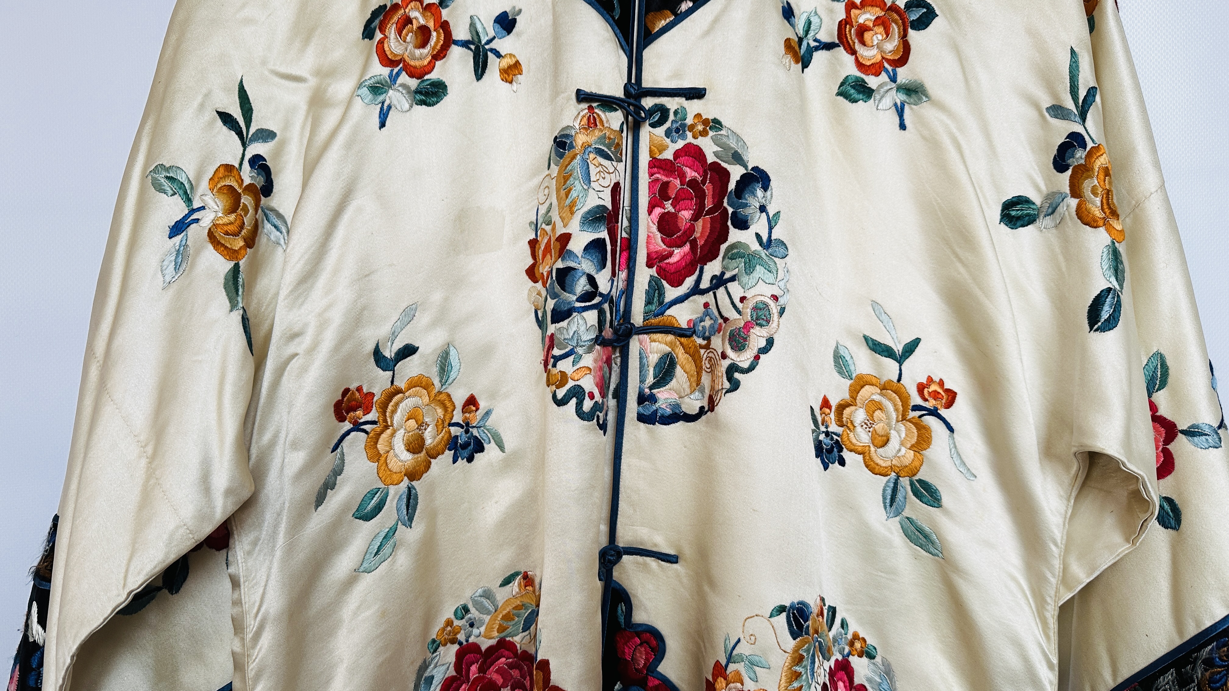 1920S CREAM SATIN CHINESE PYJAMAS, HEAVILY EMBROIDERED WITH FLOWERS, BLACK EMBROIDERED AT NECKLINE, - Image 3 of 36