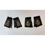 2 PAIRS OF NET VICTORIAN MITTS, ONE PAIR BLACK WITH COLOURED EMBROIDERY,