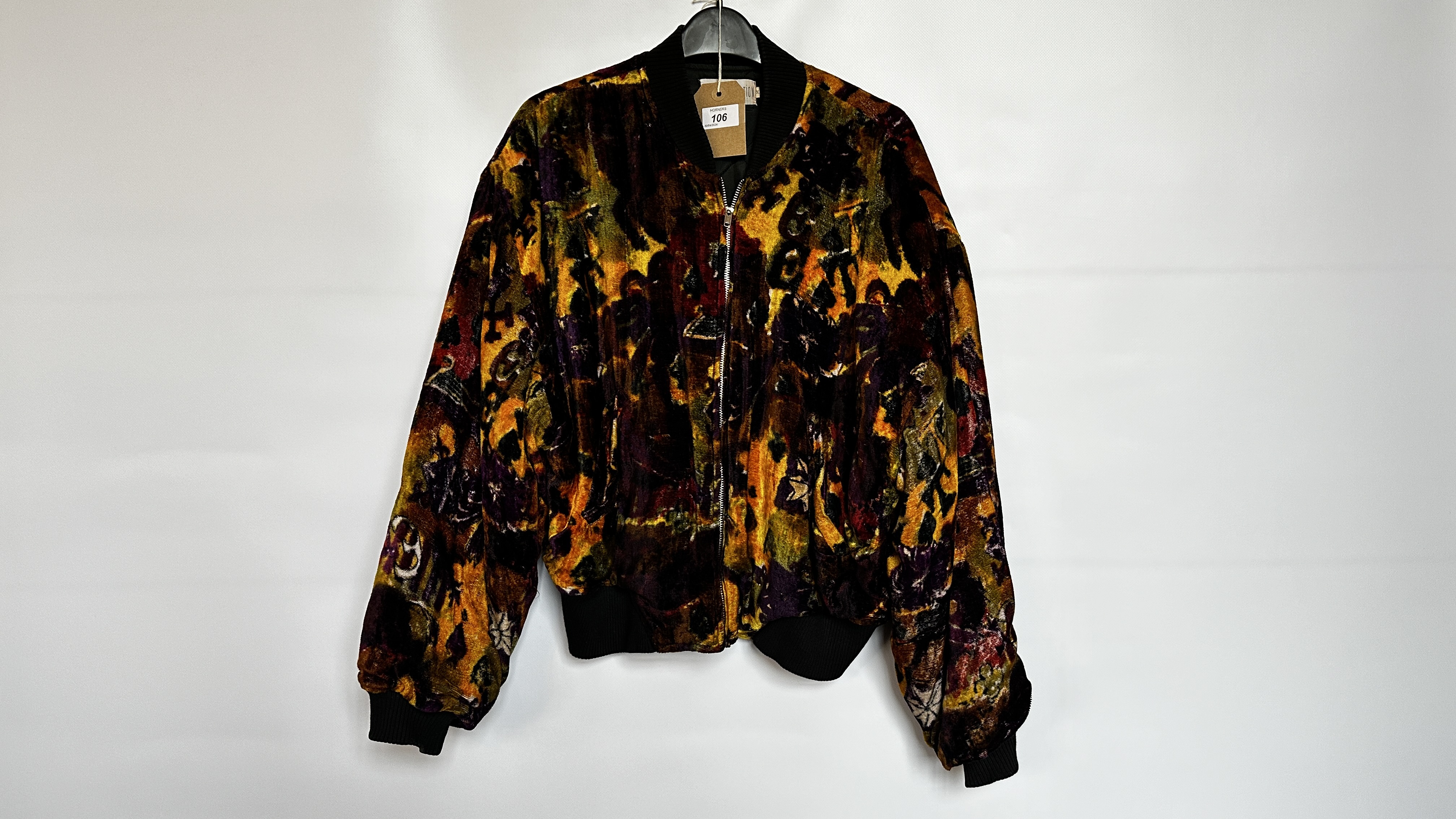 1970S FRENCH CONNECTION MULTI COLOUR VELVET JACKET, ZIP FASTENING TO FRONT, FULL SLEEVES,