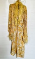 1930S PINK CUT VELVET DRESSING GOWN TRIMMED ON CUFFS AND NECKLINE WITH MARABOU FEATHER - A/F