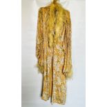 1930S PINK CUT VELVET DRESSING GOWN TRIMMED ON CUFFS AND NECKLINE WITH MARABOU FEATHER - A/F