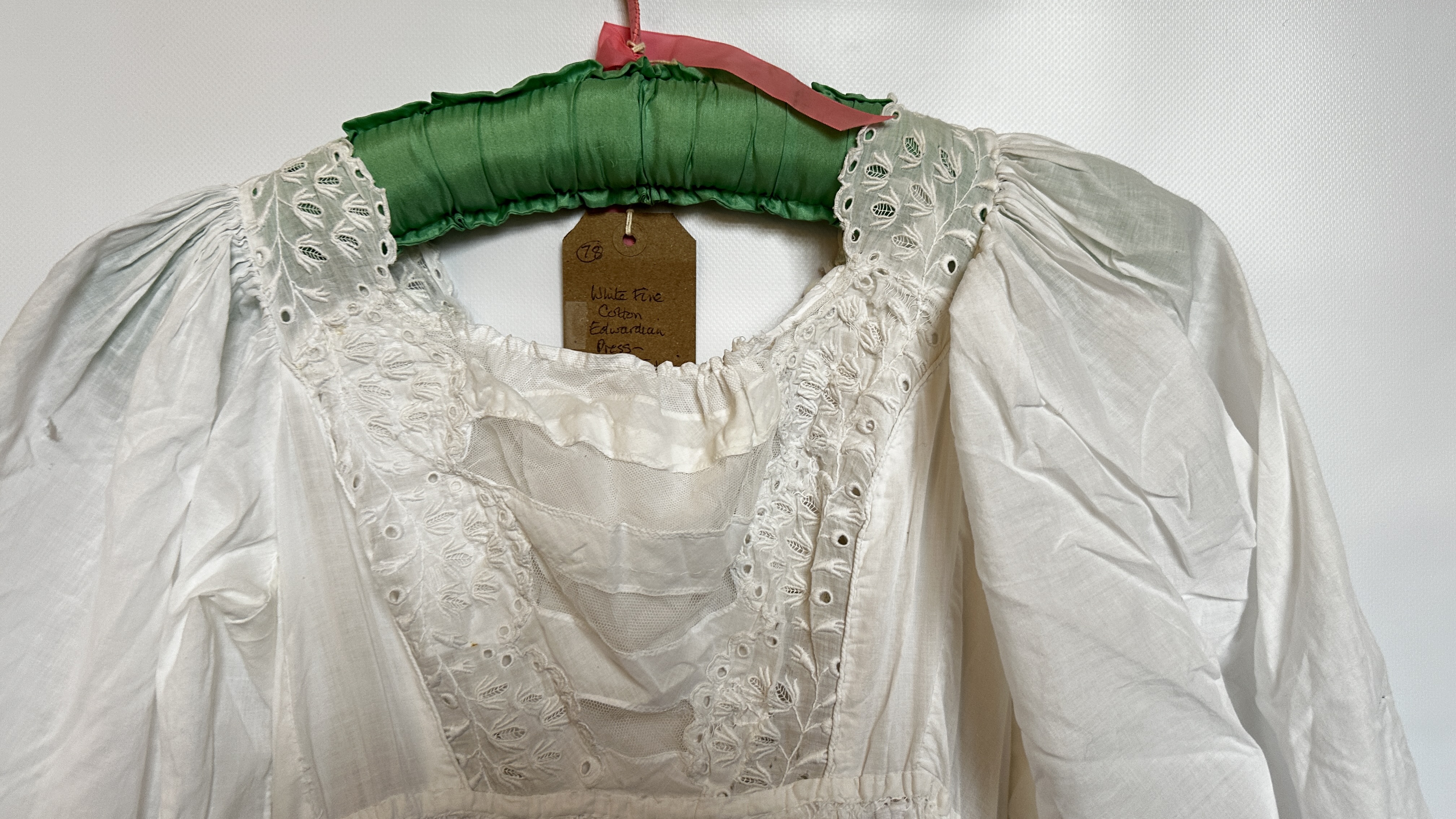 FINE WHITE COTTON EDWARDIAN DRESS, ALL OVER EMBROIDERY, EMPIRE LINE, PUFFED SLEEVES - A/F CONDITION, - Image 2 of 20