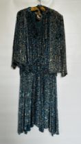 1920S BLUE FLOWERED CUT VELVET COCKTAIL DRESS & JACKET - A/F CONDITION, SOLD AS SEEN.