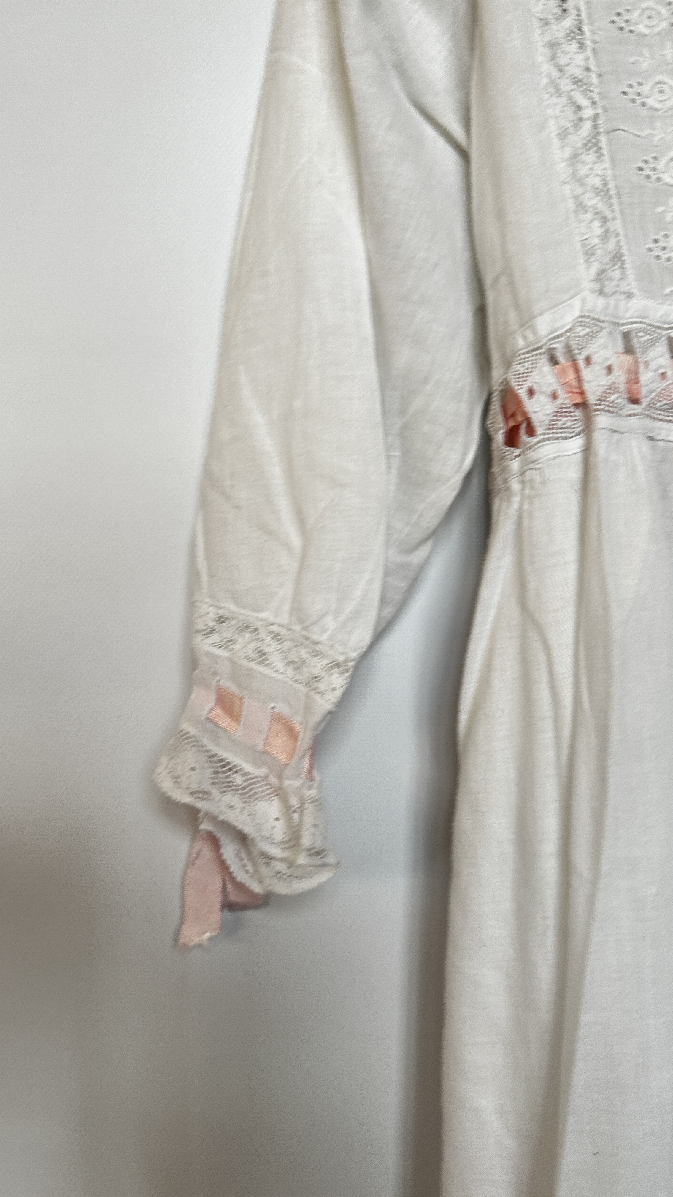 EDWARDIAN WHITE EMBROIDERED AND LACE NIGHTDRESS WITH PINK RIBBON TO SLEEVE AND BODICE - A/F - Image 23 of 27