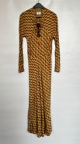 1930S YELLOW/BROWN CREPE DRESS, DECO DESIGN, LONG SLEEVES,