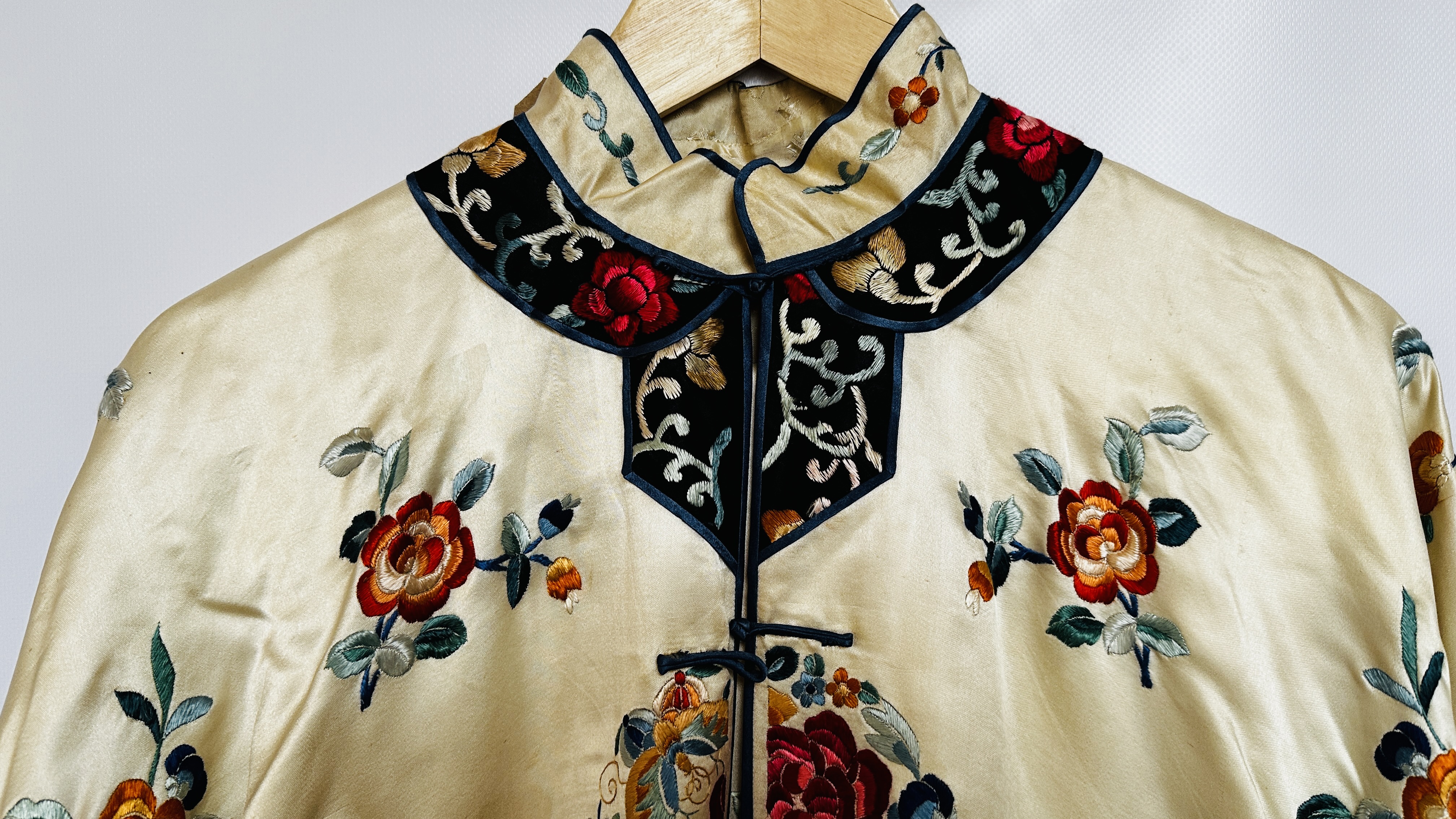 1920S CREAM SATIN CHINESE PYJAMAS, HEAVILY EMBROIDERED WITH FLOWERS, BLACK EMBROIDERED AT NECKLINE, - Image 2 of 36