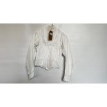 WHITE EDWARDIAN BLOUSE IN COTTON WITH SPOTTED MUSLIN, LACE ON CUFFS AND BODICE - A/F CONDITION,