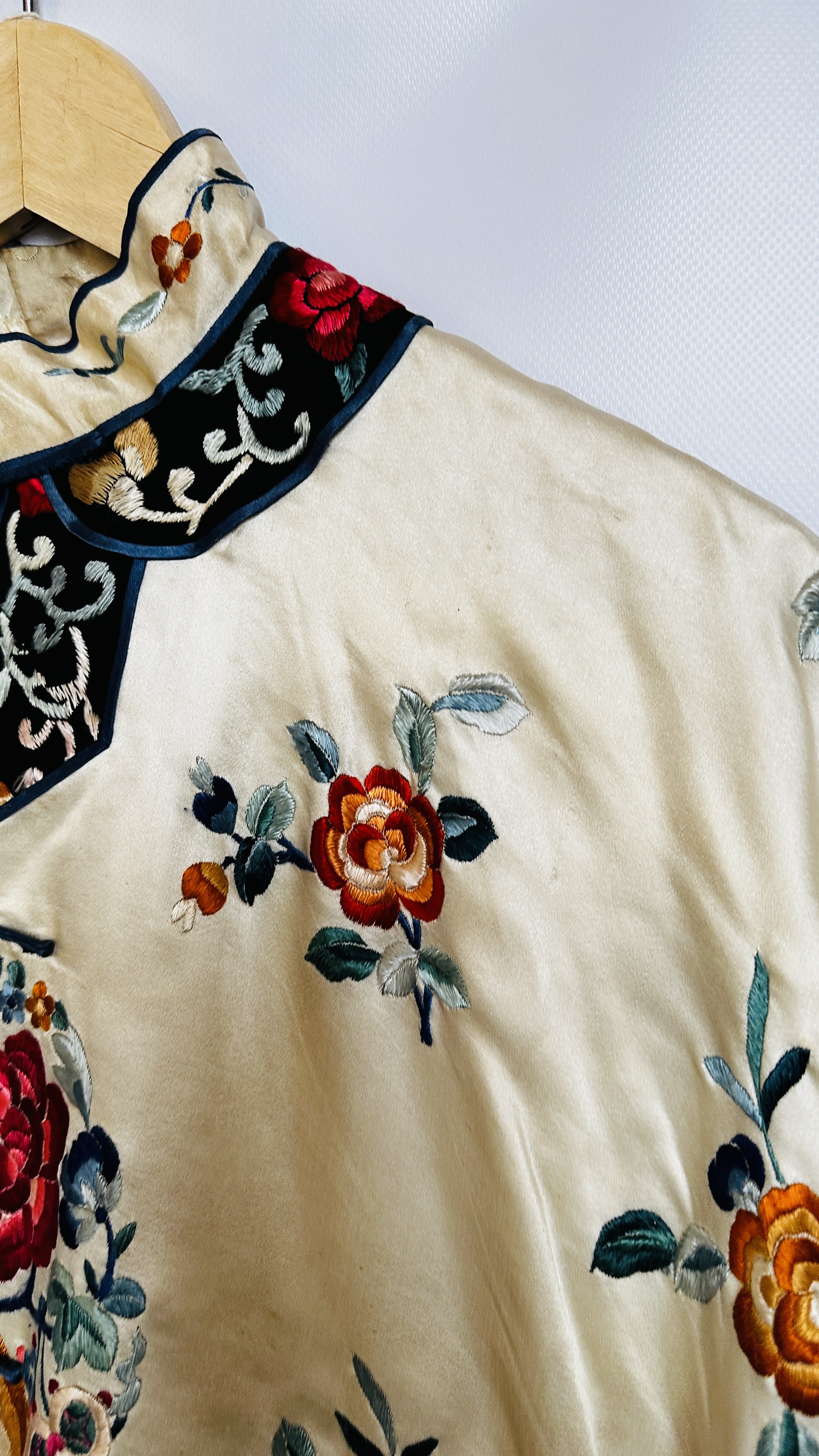 1920S CREAM SATIN CHINESE PYJAMAS, HEAVILY EMBROIDERED WITH FLOWERS, BLACK EMBROIDERED AT NECKLINE, - Image 16 of 36