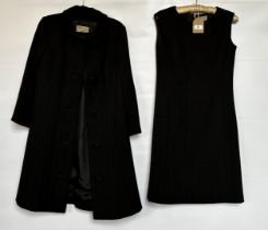 HARDY AMIES 1960S BLACK HERRINGBONE PATTERNED SHIFT DRESS (SIZE 12) AND MATCHING COAT (SIZE 10) -
