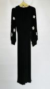 1930S BLACK CREPE GOWN, LONG SLEEVES WITH BEADED DAISY DESIGN,