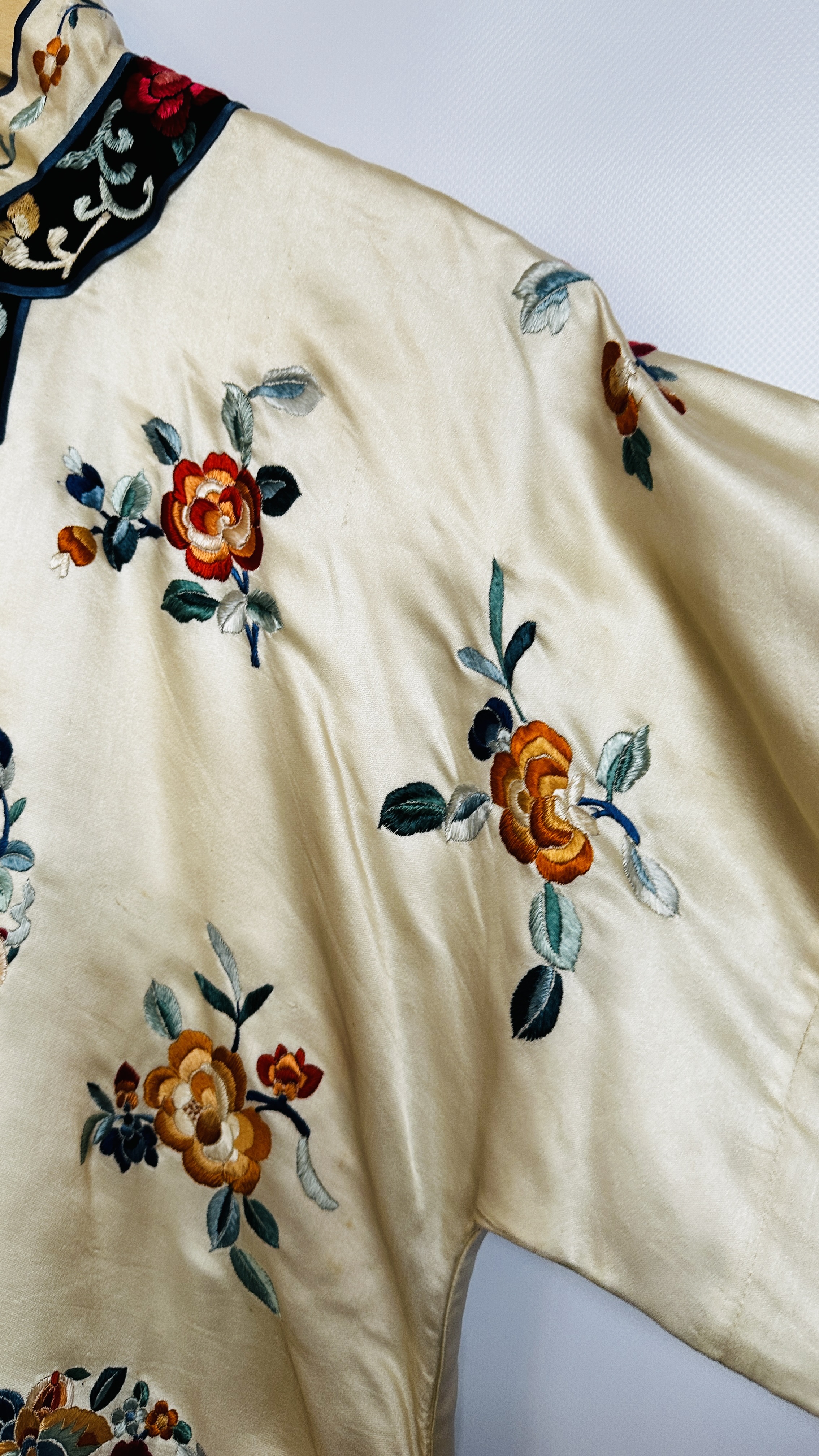 1920S CREAM SATIN CHINESE PYJAMAS, HEAVILY EMBROIDERED WITH FLOWERS, BLACK EMBROIDERED AT NECKLINE, - Image 15 of 36