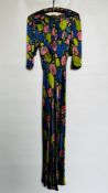 1930S PINK/BLUE/GREEN SATIN FLOWERED EVENING GOWN, ¾ PUFF SLEEVES, PLUNGING BACK,