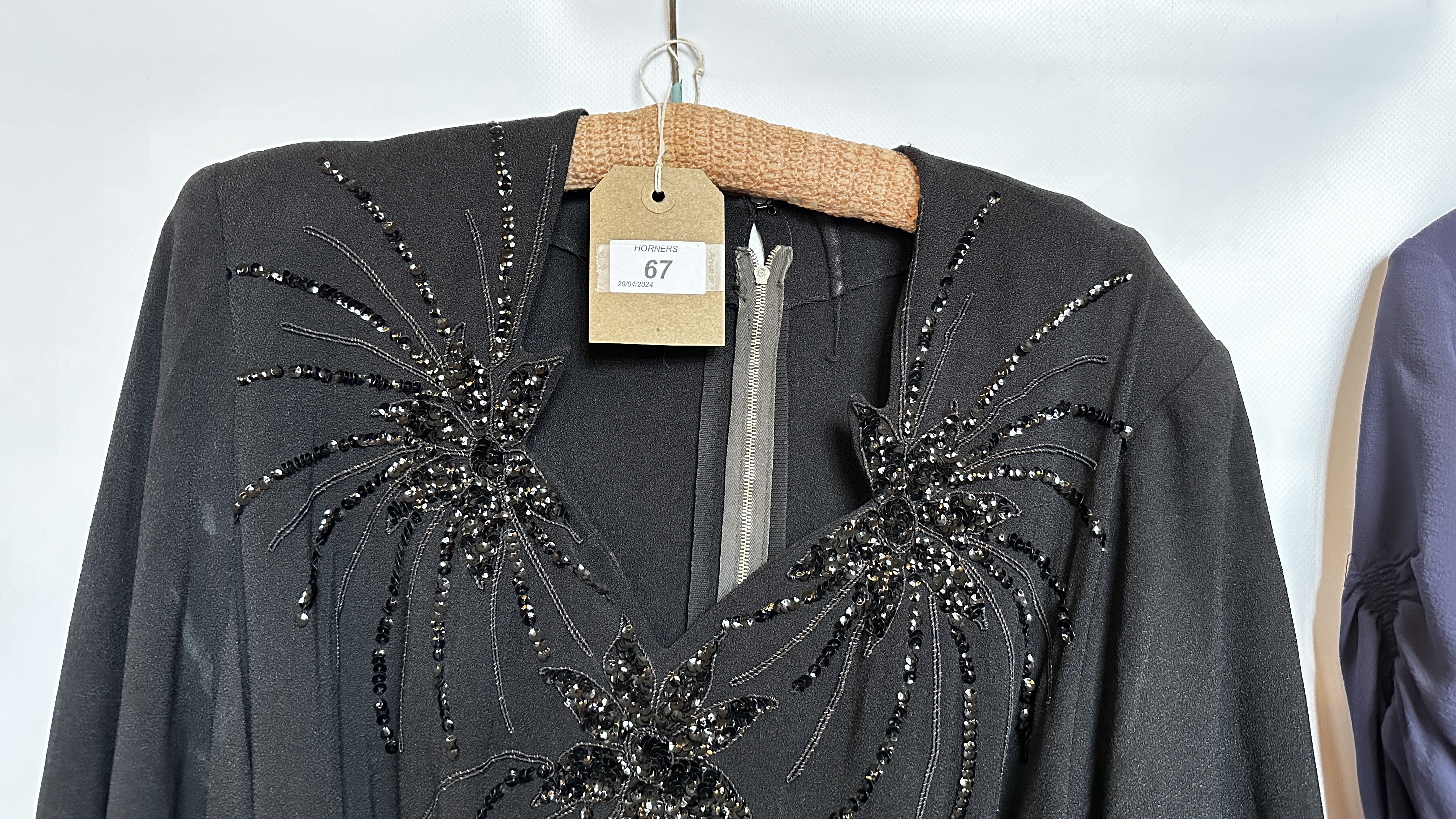 1940S NAVY CREPE EVENING DRESS, BLUE SEQUINS ON BODICE AND A 1940S BLACK CREPE EVENING DRESS, - Image 10 of 26