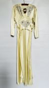 1940S CREAM SATIN GOWN, EMBROIDERED WAIST AND NECKLINE, LONG SLEEVES & BELT - A/F CONDITION,