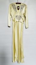 1940S CREAM SATIN GOWN, EMBROIDERED WAIST AND NECKLINE, LONG SLEEVES & BELT - A/F CONDITION,