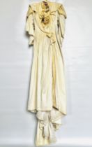 EDWARDIAN CREAM VELVET GOWN WITH TRAIN, SILK BROCADE INSERT ON BODICE & SKIRT,