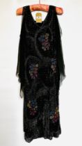 1920S BLACK BEAD & SEQUINNED FLAPPER DRESS WITH UNDER SLIP, RED/BLUE/GREEN FLOWER DESIGN BEAD WORK,