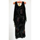 1920S BLACK BEAD & SEQUINNED FLAPPER DRESS WITH UNDER SLIP, RED/BLUE/GREEN FLOWER DESIGN BEAD WORK,