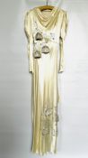 1930S CREAM SATIN WEDDING DRESS, LABEL IN TRAIN - MADE IN MONTE CARLO,