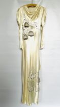 1930S CREAM SATIN WEDDING DRESS, LABEL IN TRAIN - MADE IN MONTE CARLO,