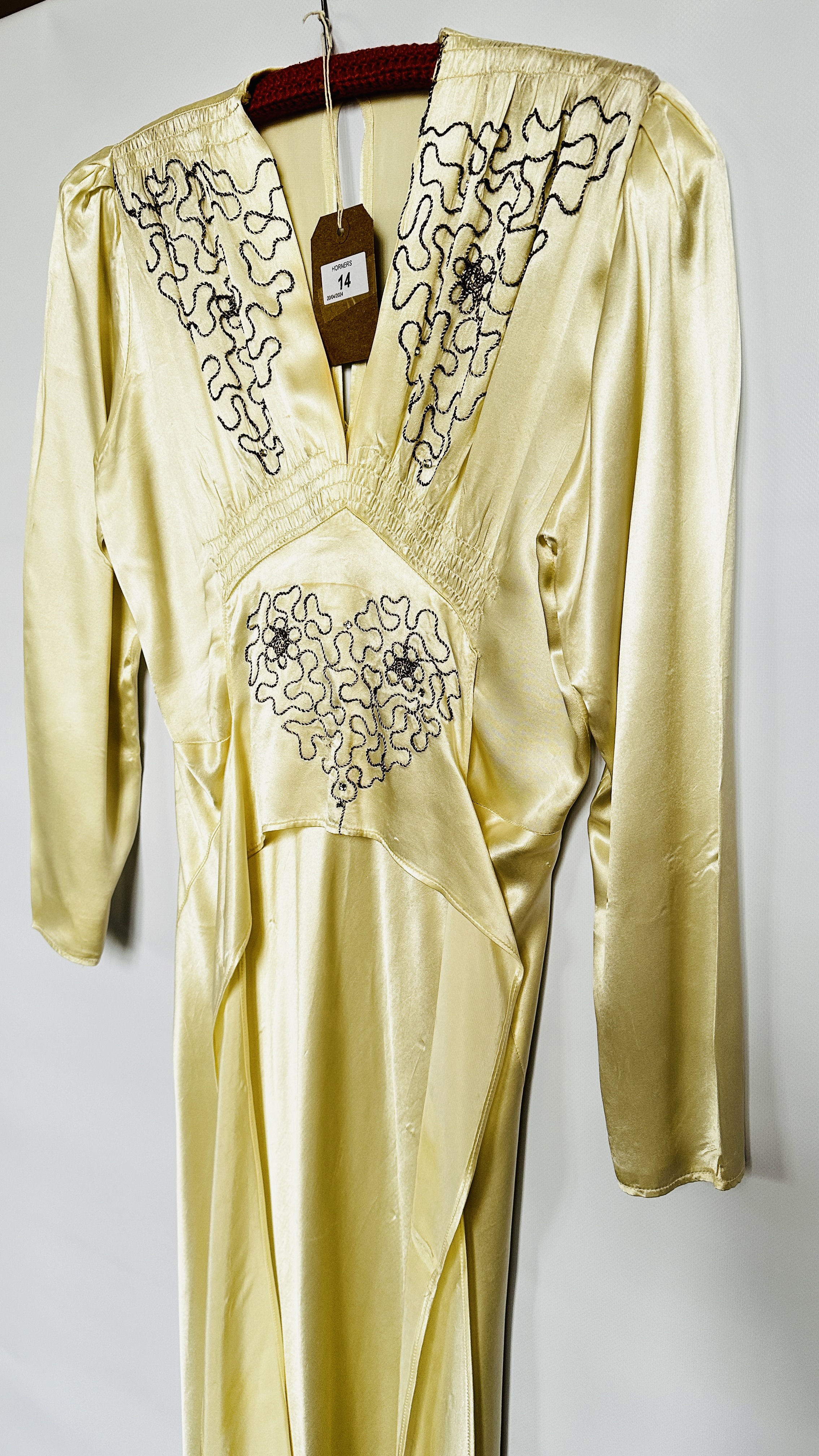 1940S CREAM SATIN GOWN, EMBROIDERED WAIST AND NECKLINE, LONG SLEEVES & BELT - A/F CONDITION, - Image 6 of 14