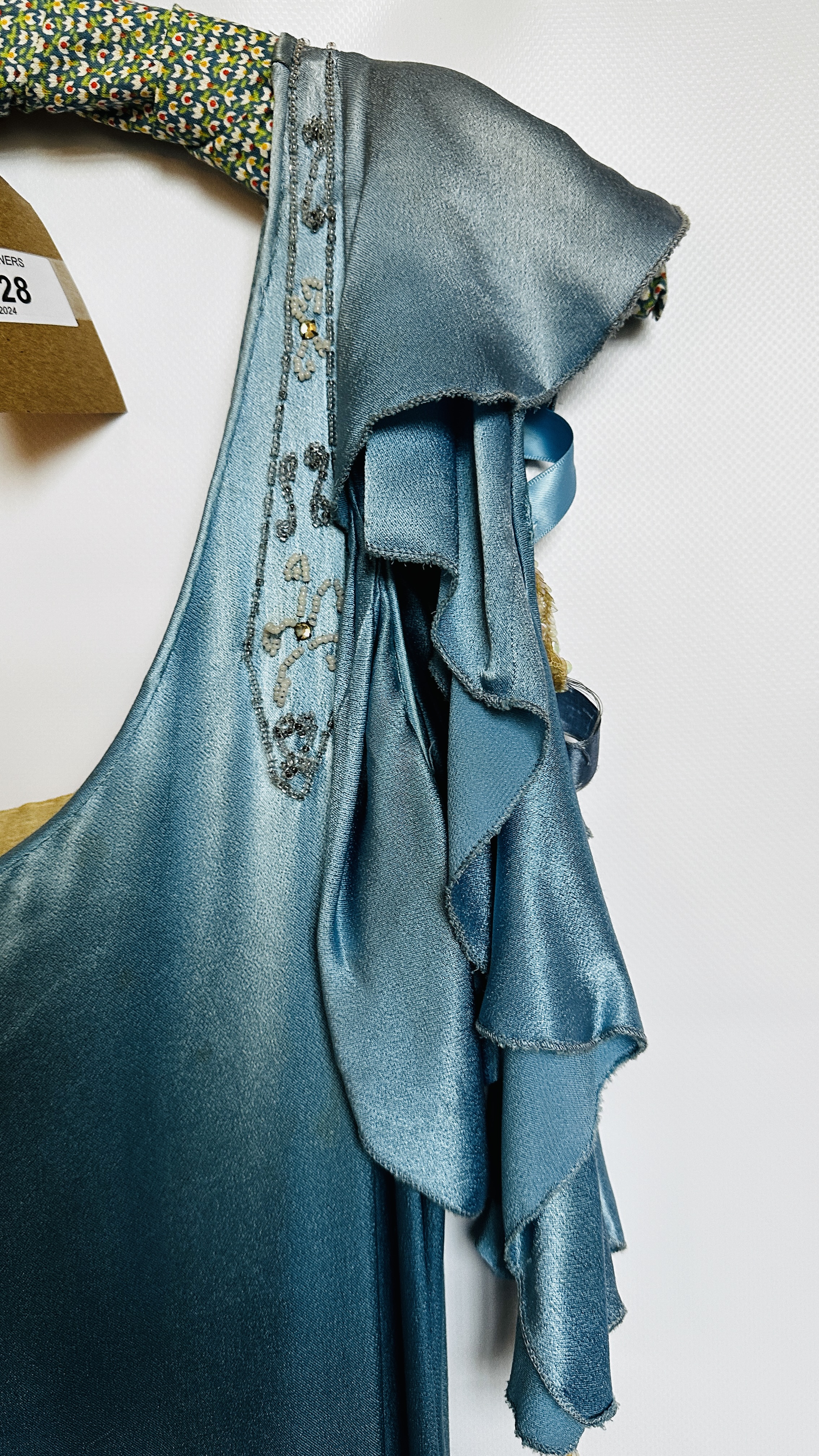 1920S BLUE SATIN EVENING GOWN, FRILLED NECKLINE & SLEEVES, - Image 15 of 15