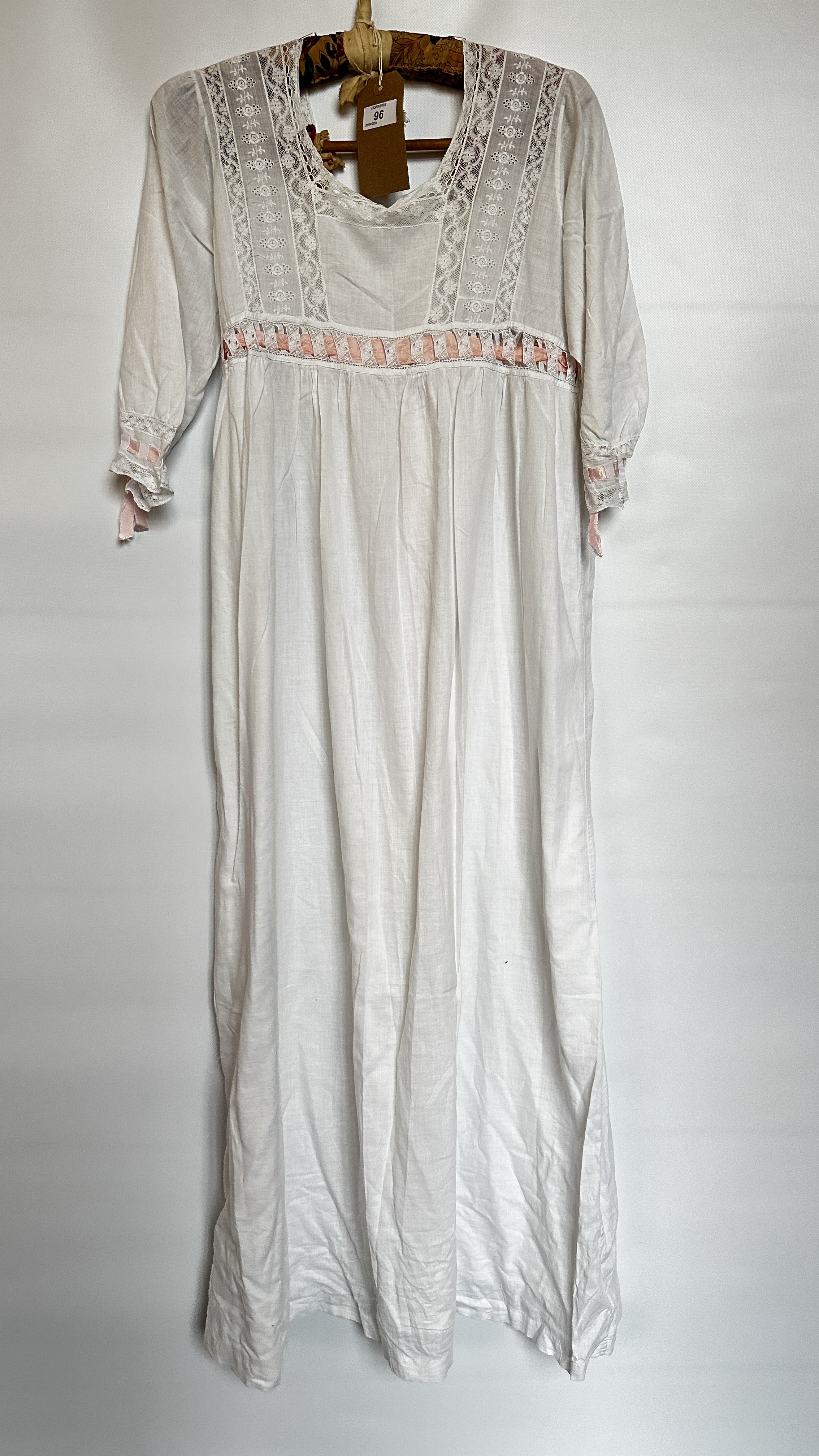 EDWARDIAN WHITE EMBROIDERED AND LACE NIGHTDRESS WITH PINK RIBBON TO SLEEVE AND BODICE - A/F - Image 15 of 27