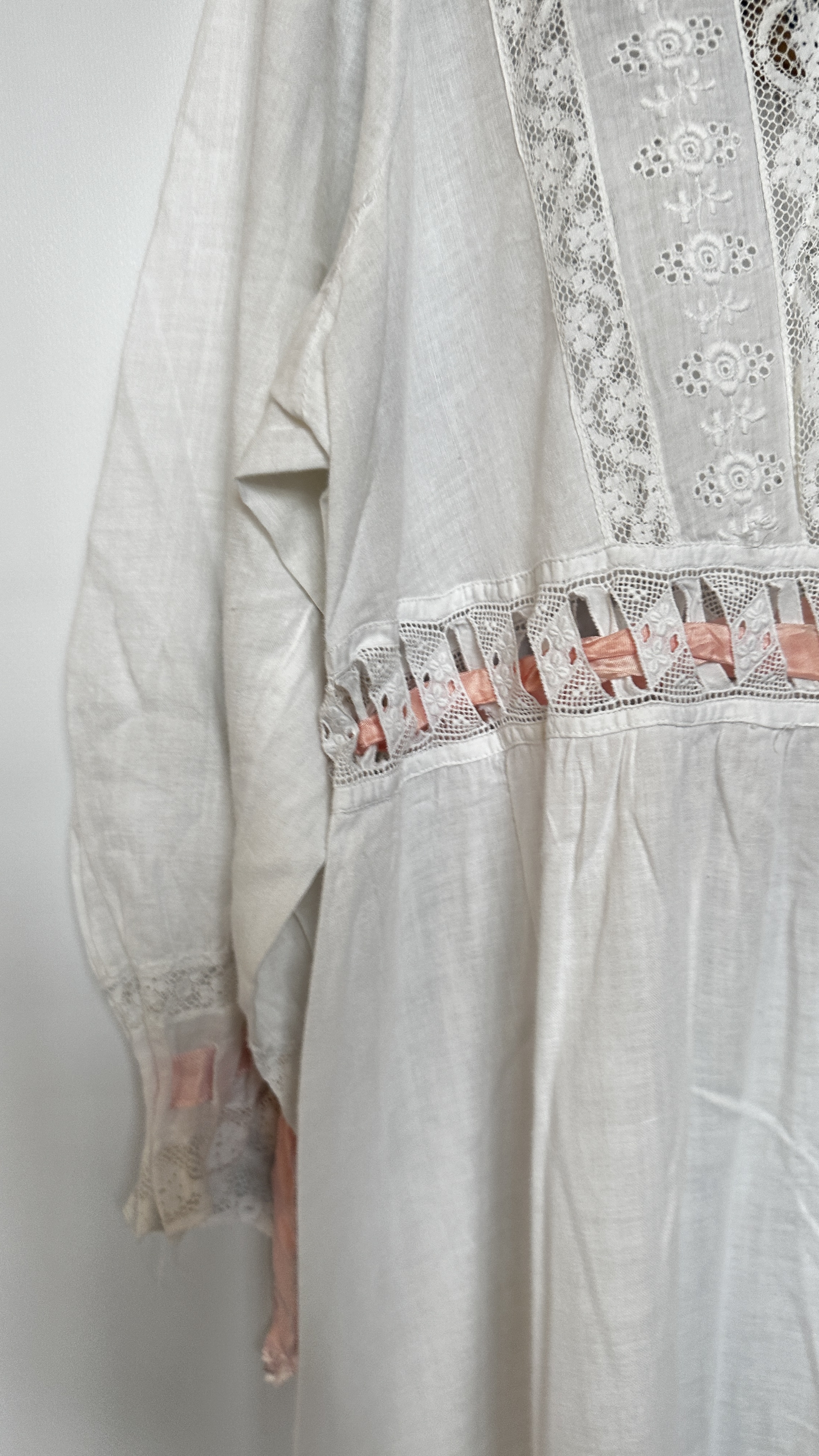 EDWARDIAN WHITE EMBROIDERED AND LACE NIGHTDRESS WITH PINK RIBBON TO SLEEVE AND BODICE - A/F - Image 12 of 27