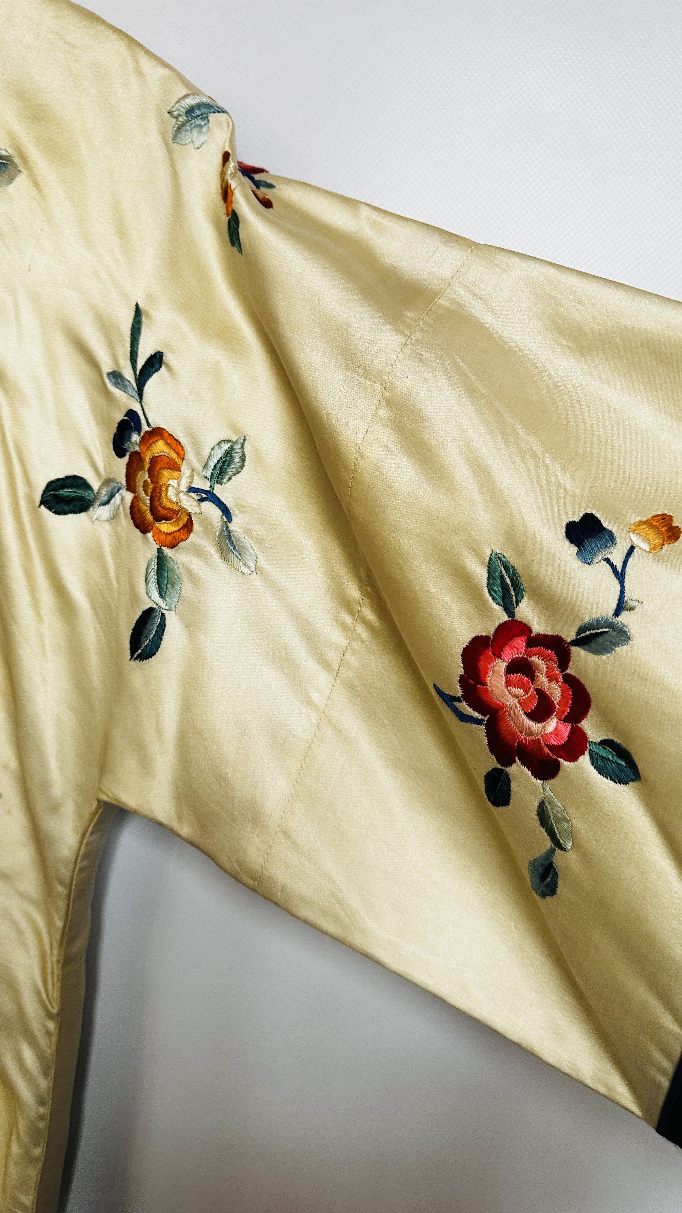 1920S CREAM SATIN CHINESE PYJAMAS, HEAVILY EMBROIDERED WITH FLOWERS, BLACK EMBROIDERED AT NECKLINE, - Image 14 of 36