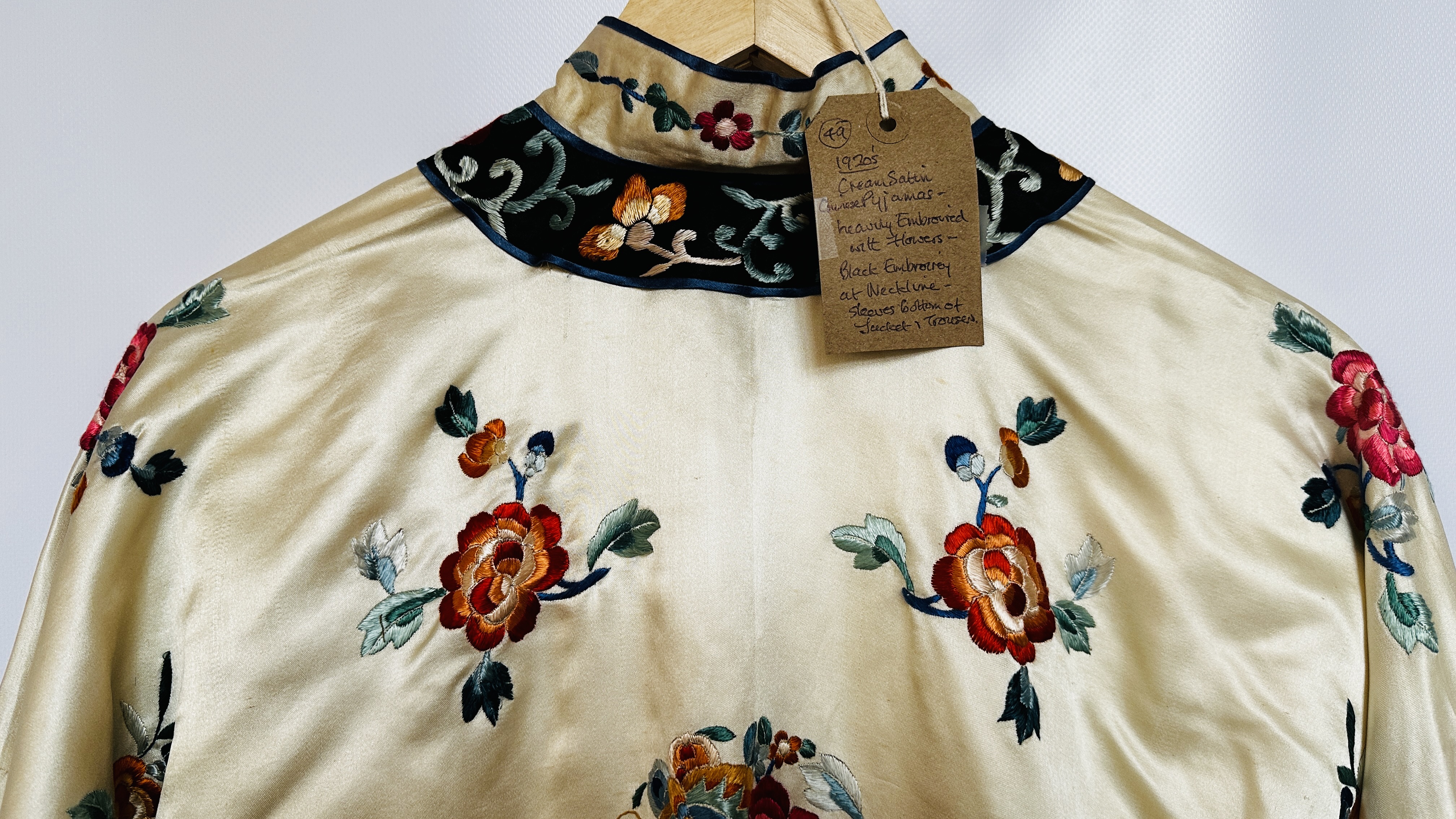 1920S CREAM SATIN CHINESE PYJAMAS, HEAVILY EMBROIDERED WITH FLOWERS, BLACK EMBROIDERED AT NECKLINE, - Image 23 of 36