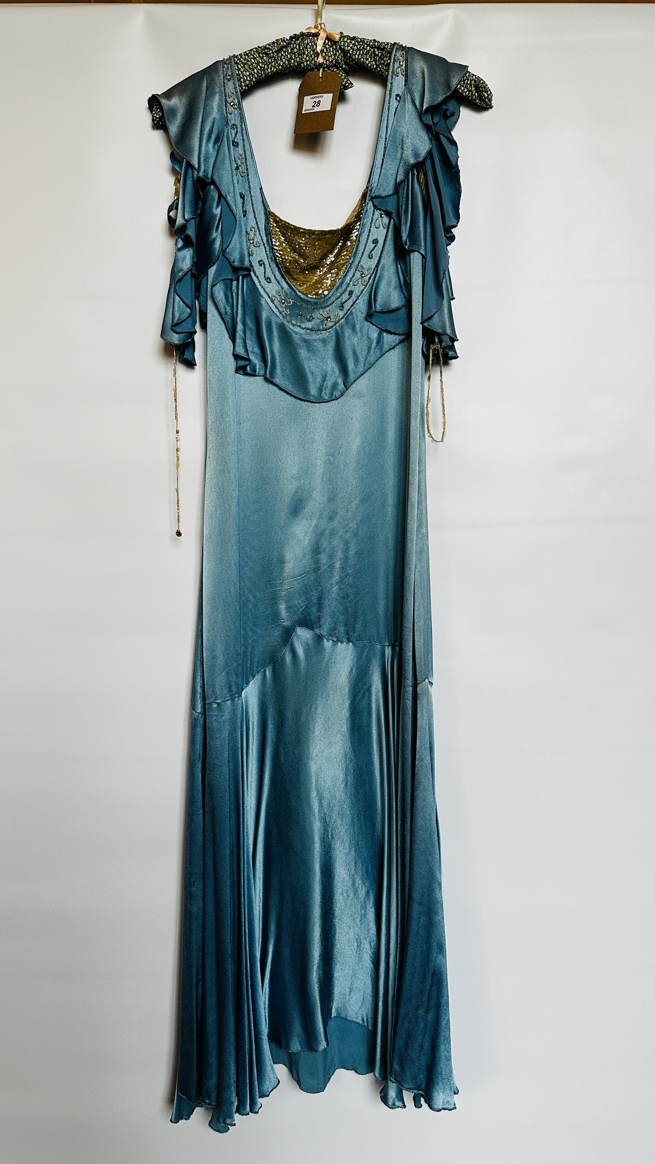 1920S BLUE SATIN EVENING GOWN, FRILLED NECKLINE & SLEEVES,