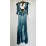 1920S BLUE SATIN EVENING GOWN, FRILLED NECKLINE & SLEEVES,