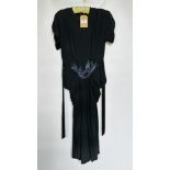 1940S BLACK CREPE COCKTAIL DRESS, SILVER/BLUE BEAD DECORATION ON WAISTLINE, SHORT SLEEVES,
