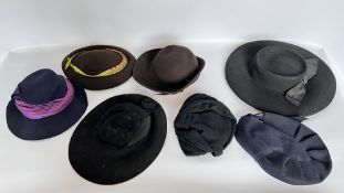 2 HAT BOXES CONTAINING 7 1940S FELT HATS, 3 BLACK, 2 BROWN, 2 NAVY - A/F CONDITION, SOLD AS SEEN.